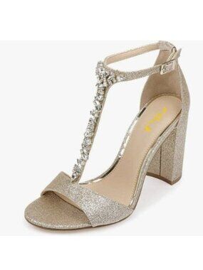 FSJ Women Wedding T Strap Open Toe Sandals Rhinestones Crystal Chunky High Heel